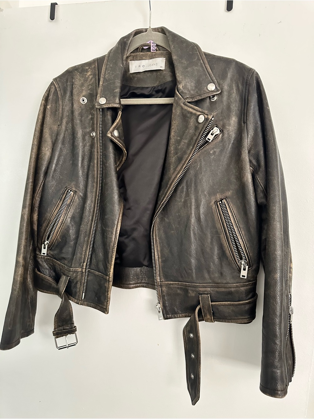 IRO Jeans Rare Distressed Brown Lamb Leather Moto Jacket FR 38